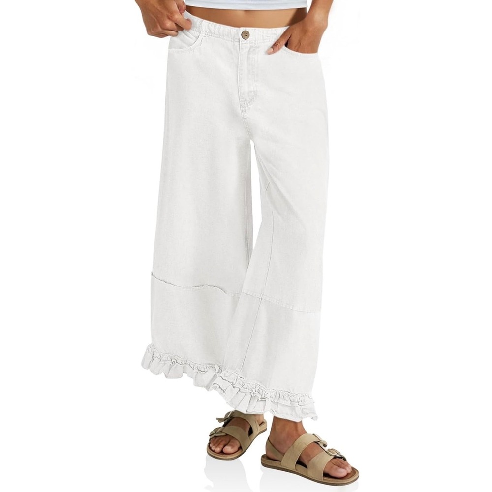 Cicy Bell Beachy White Wide Leg Ruffle Hem Cropped Jeans Size 8
